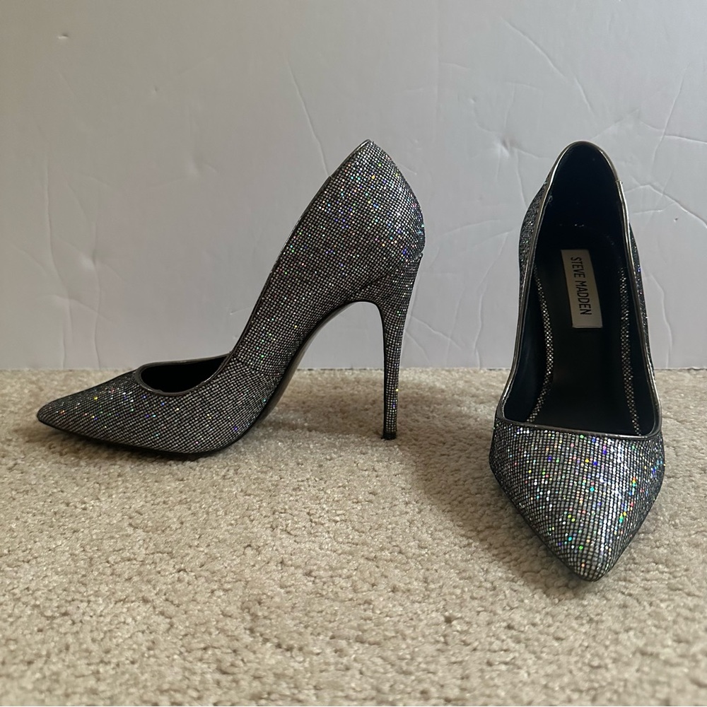 Steve Madden Daisie disco ball Silver Glitter High Heels pumps sparkle size 7 - Picture 3 of 11